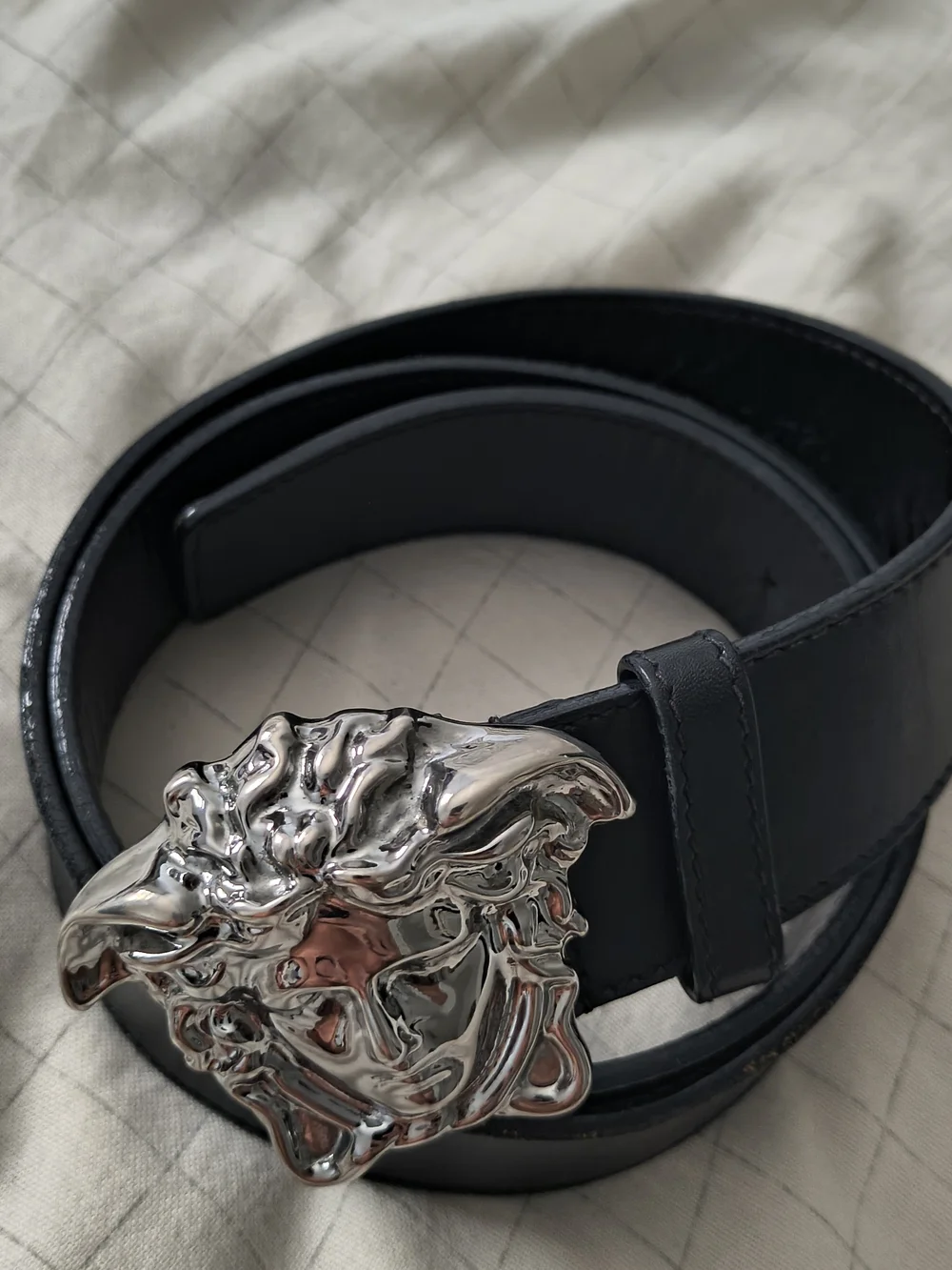 Men's Black Leather Belt with Silver Medusa Buckle